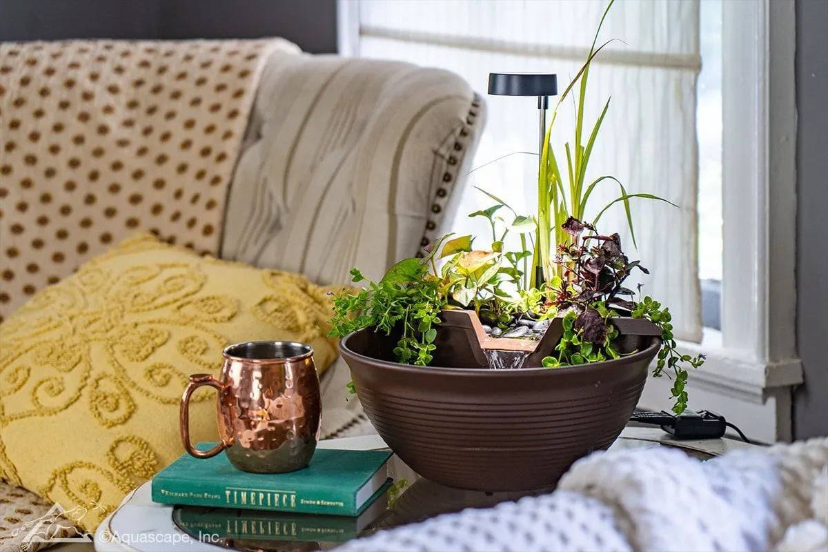 Aquascape AquaGarden Tabletop Fountain Kit in Mocha - Living Room Setting
